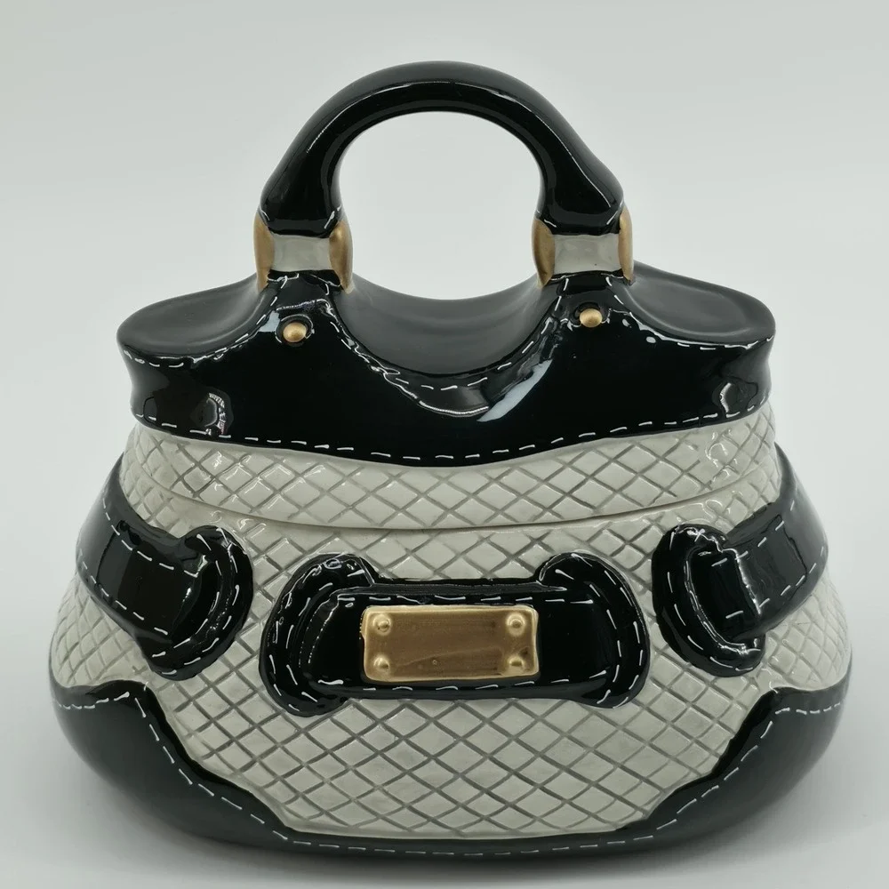 David's Cookies Purse Cookie Jar #BL-4814 Candy Trinket Black/White/Gold New